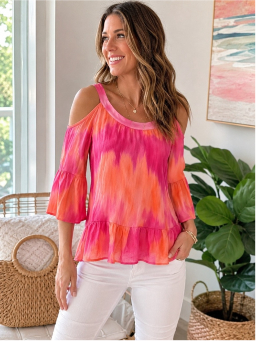 NEW Sweet Pea Cold Shoulder Tie Dye Blouse Pink Orange Size M NWOT